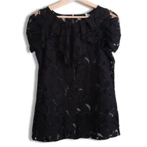 PEPPERMINT Sheer Floral Lace Frill Neck Blouse Black Sz M
